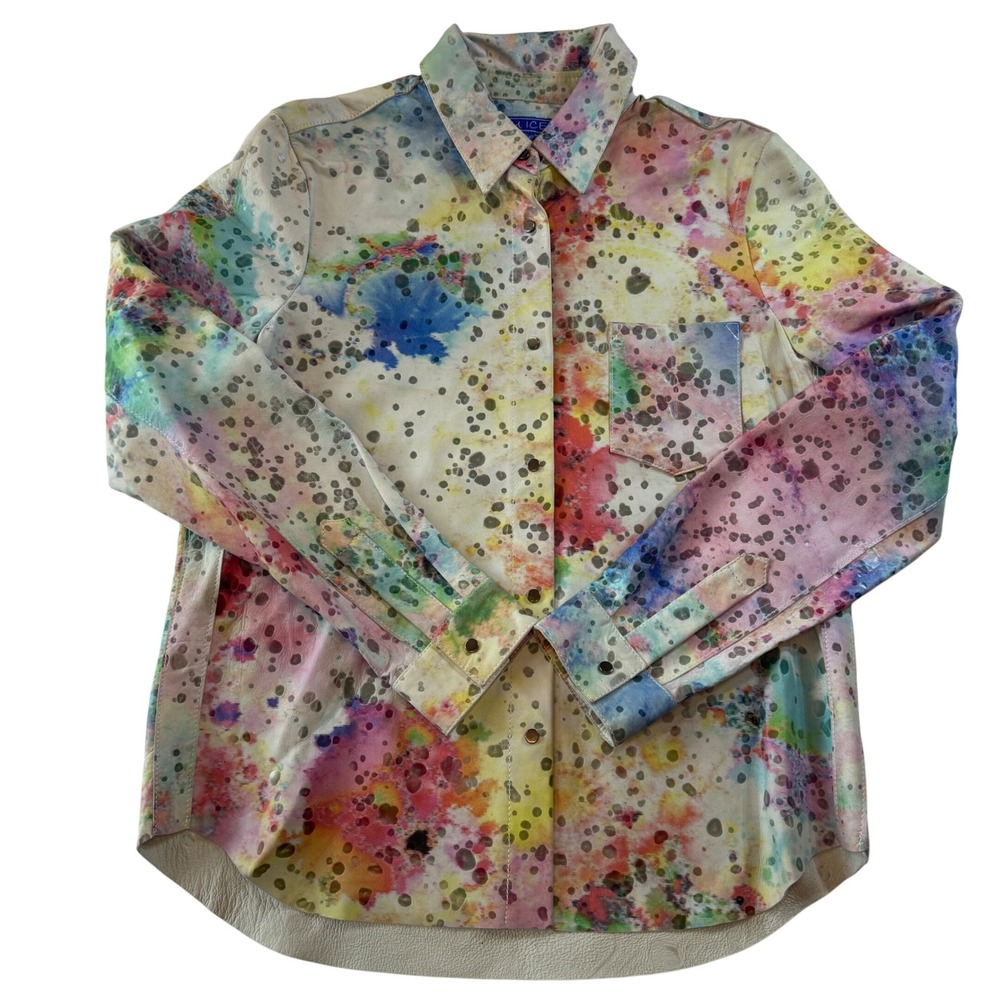 Blu Ice Leather‎ Shirt Wearable Art Paint Splatter Snap Front Women's Size Small